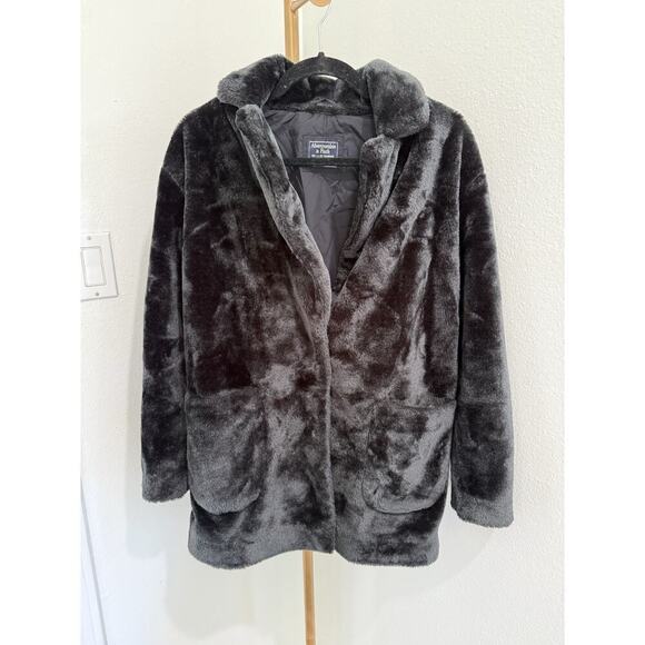 abercrombie fitch Women Faux Fur Jacket XS Black Coat Collared Snap - Picture 1 of 5